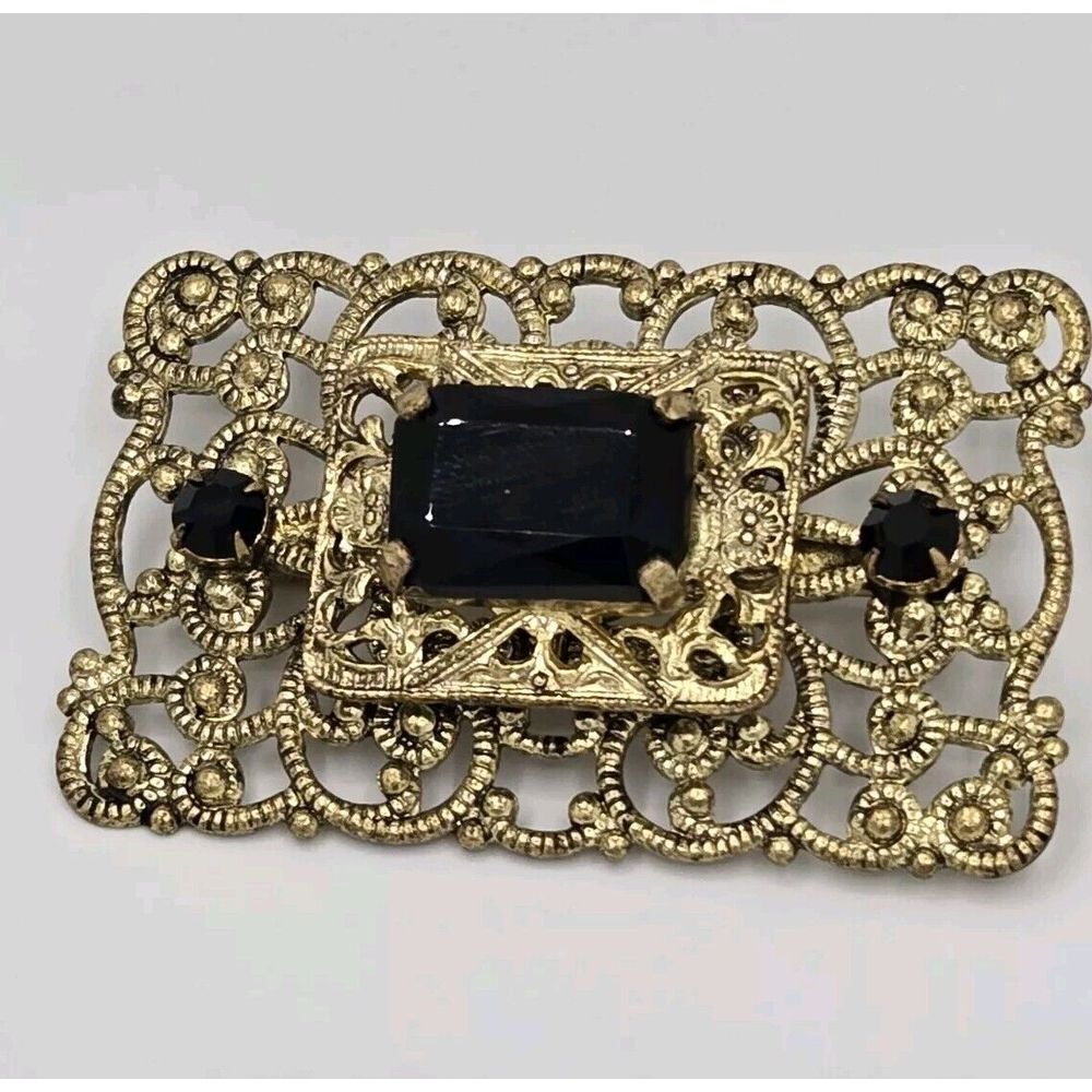 Vintage West‎ Germany Goldtone Black Jet Glass Brooch Pin
